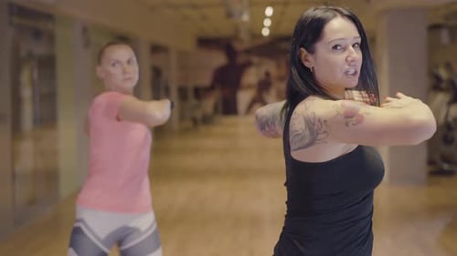 Portrait of Two Athletic Women Exercising in Gym, Brunette and Blond Sportswomen Doing Exercise
