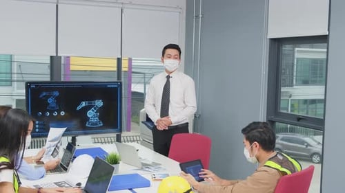 Group of Asian team business people wear face mask, work have meeting in office with new normal.