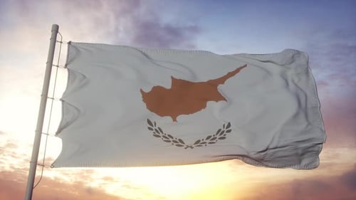 Waving Flag of Cyprus with Sunset Background