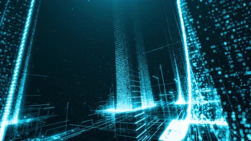 Futuristic Digital Cityscape with Glowing Neon Lines