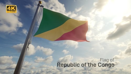Realistic Waving Flag of the Republic of the Congo Against Blue Sky