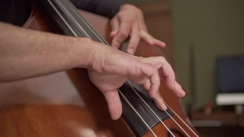 Close Up Footage Of A Musician Playing A Double Bass With Finger Slapping