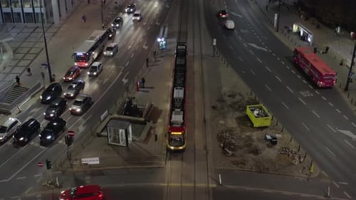 High Angle View of Tram Standing and Give Way to Other Vehicles at Intersection
