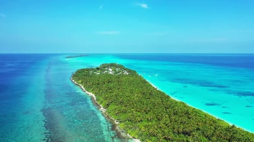 Aerial drone shot landscape of relaxing seashore beach lifestyle by blue lagoon and white sand backg