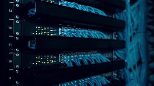 Close-up View of Modern Internet Network Switch With Plugged Ethernet Cables. Blinking Lights on