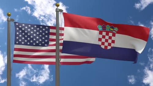 USA and Croatia Flags Waving Together against Sky