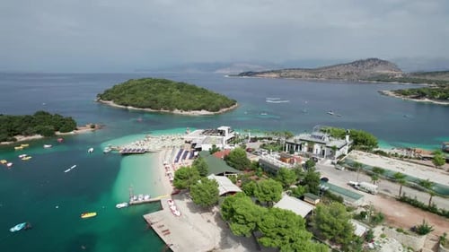 Aerial View Exotic Beach with Turquoise Water in Albania Ksamil Islands