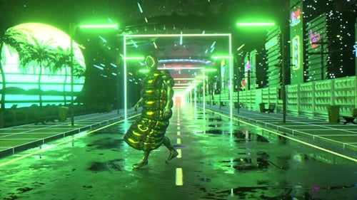 Cyberpunk Guy Dancing Against Retro Sunset Background