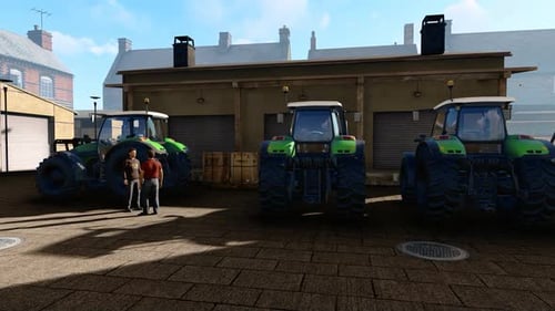 3D Animated Tractors in Rural Farmyard with Bright Sunlight