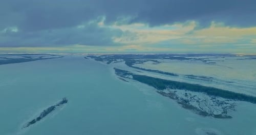 Copter Flies Over Frozen Lakes and Rivers Natural Spaces