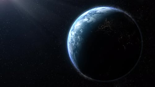 Realistic Earth Planet Rotating in Starry Space Background