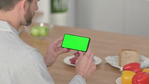 Rear View of Young Man Looking at Smartphone with Chroma Key Screen