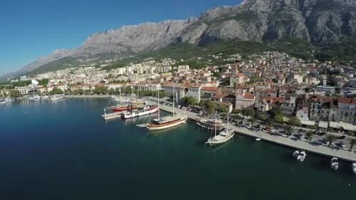 Aerial view of a city by the sea
