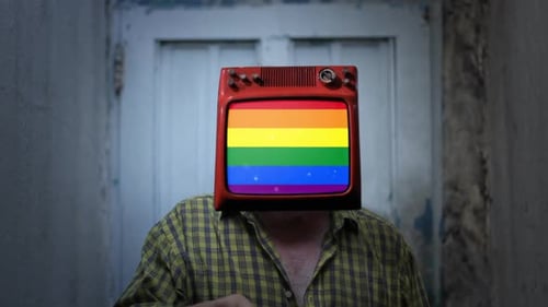 Man with Television Head Displays Rainbow Pride