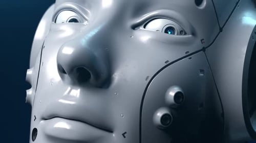 Critical error in artificial intelligence. robot head twitching and shaking close-up shot