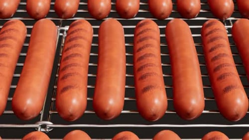 Animation of grilling sausages. Roasted rotating sausages on the grill. Barbeque