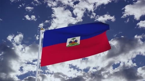 Haiti Flag Waving Against Blue Sky with Clouds
