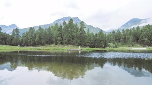 Lago alpino con muelle en verano