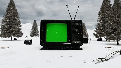 Retro Television with Green Screen in Snowy Winter Landscape