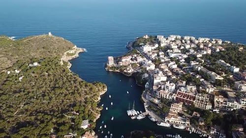 Aerial: The bay of Cala Figuera in Mallorca, Spain