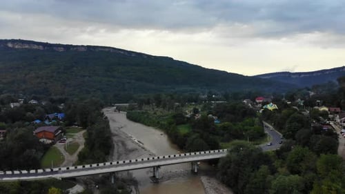 Aerial view of the city in mountains.