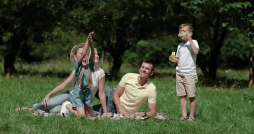 Happy Family Enjoying Summer Picnic in Green Park