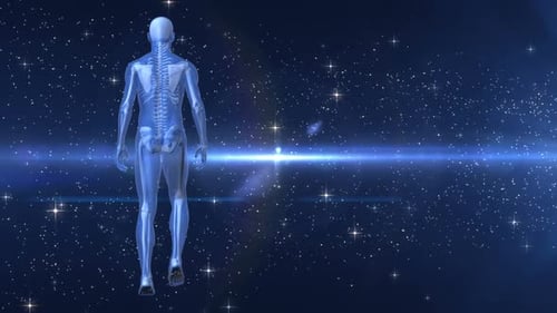 Rear view of a human prototype walking on a dark background with a shooting star
