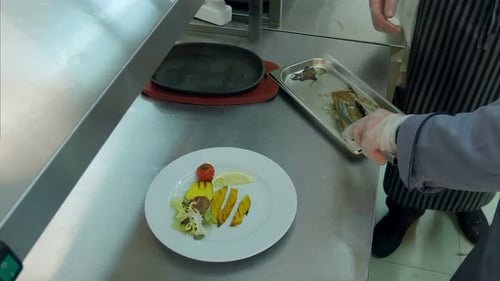 Chefs Plating Cooked Fish in Commercial Kitchen