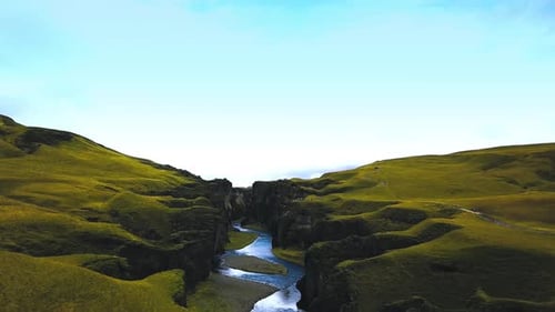 Aerial Drone View, Flying Through Fjadragljufur Canyon. Iceland, Sunny Day