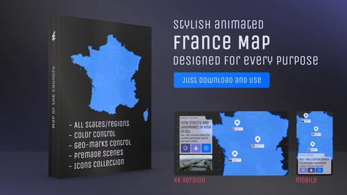 Animated France Map Kit with Location Pins and Travel Icons