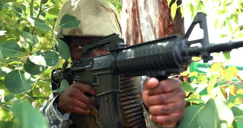 Soldier Aims Rifle in Forest during Daytime