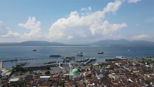 Aerial view of Port in Banyuwangi Indonesia with ferry in Bali Ocean