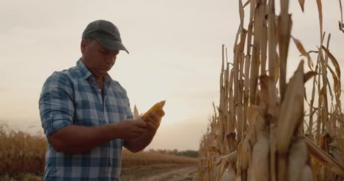 Middleaged Farmer Holds Corn Cob Works in Field