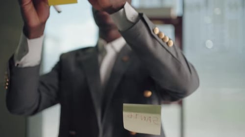 African American Businessman Working with Sticky Notes in Office