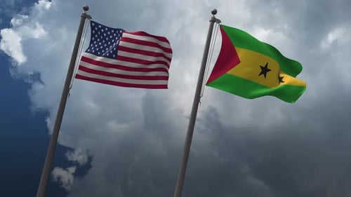 Ondeando banderas de los Estados Unidos y Santo Tomé y Príncipe 4K