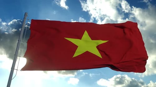 National Flag of Vietnam Waving in Wind on a Sunny Day