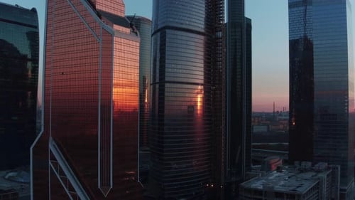 Aerial Evening View of Skyscrapers in City Downtown