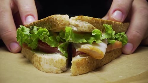 Marco Shot Inside the Sliced Club Sandwich, Camera Slides Inside the Food, Macro Food, Macro Layers