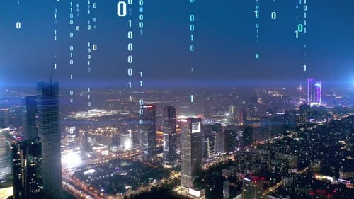 intelligente Skyline der vernetzten Stadt. Futuristisches Netzwerkkonzept, City Technology.