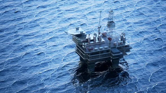 Sinking Oil Rig accident. Collapsed offshore oil platform. Lifeboats on ...