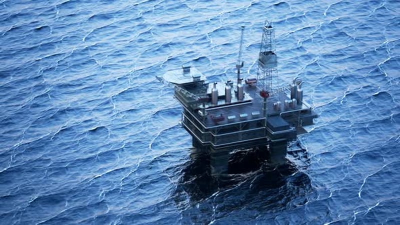 Sinking Oil Rig accident. Collapsed offshore oil platform. Lifeboats on ...