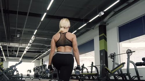 Woman Making Steps with Dumbbells During the Training in the Gym