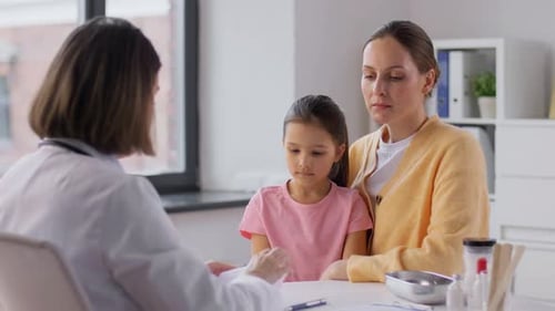 Mother with Little Daughter and Doctor at Clinic