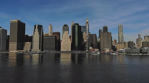 New York City Manhattan Midtown Skyline Panorama with Historical Landmark Skyscrapers Over Hudson