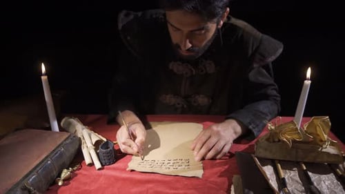 Man Writing with Quill Pen by Candlelight