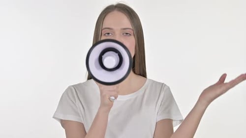 Woman Speaks into Megaphone on White Background