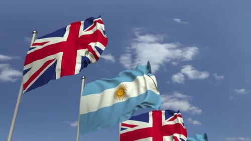 Realistic 3D Flags of Argentina and United Kingdom Waving in Blue Sky