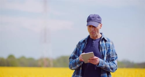 Farmer Examining Agricultural Field While Working on Digital Tablet Computer at Farm
