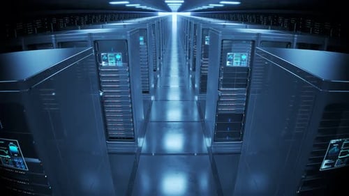Unzählige moderne Serverschränke in einer Renderfarm. Dunkler, futuristischer Raum. 4KHD