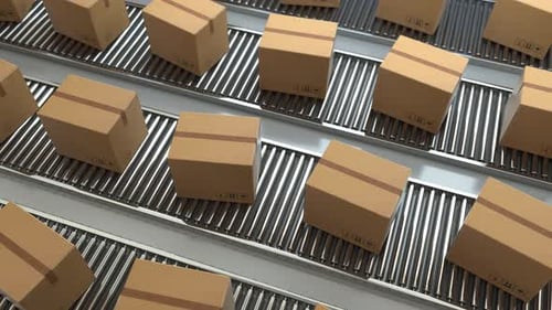 Cardboard Boxes Transported by Automated Factory Conveyor System